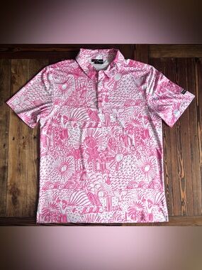 YATTA GOLF • Shaka Life Golf Polo Hawaiian pink athletic performance stretchy